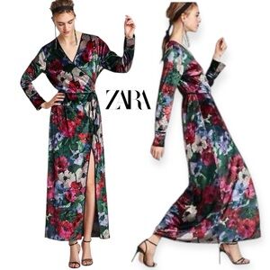ZARA ACCESSORIES KIMONO VELVET FLORAL LONG SLEEVED LONG MAXI WRAP DRESS USA M